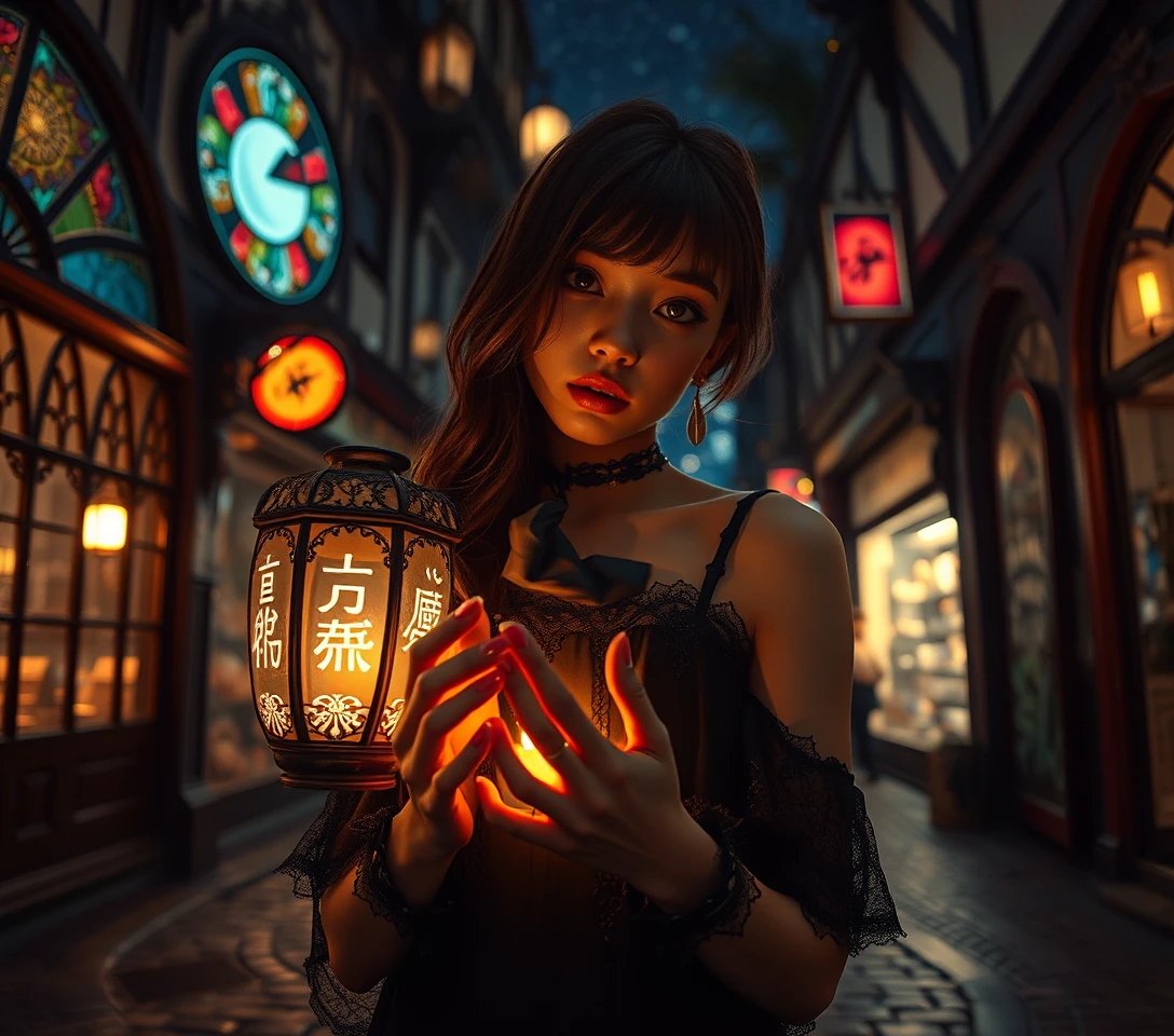 Gothic woman holding a glowing lantern in surreal market