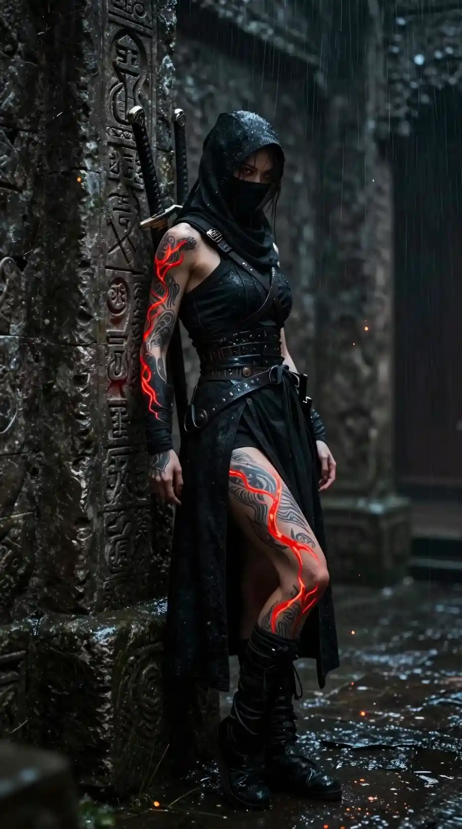 Masked female warrior assassin in ancient stone corridor
