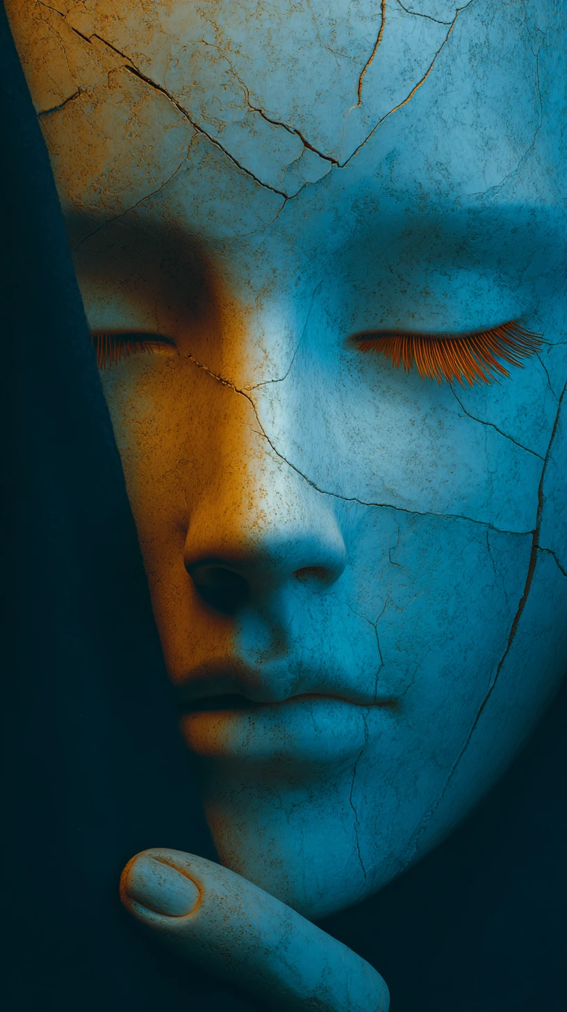 Surreal split female face of marble mask and living skin