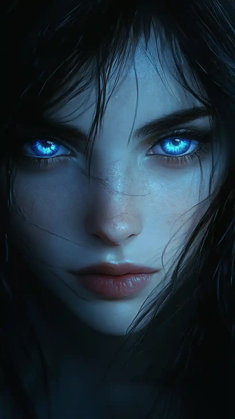 Extreme close up of blue eyed anime girl in shadows