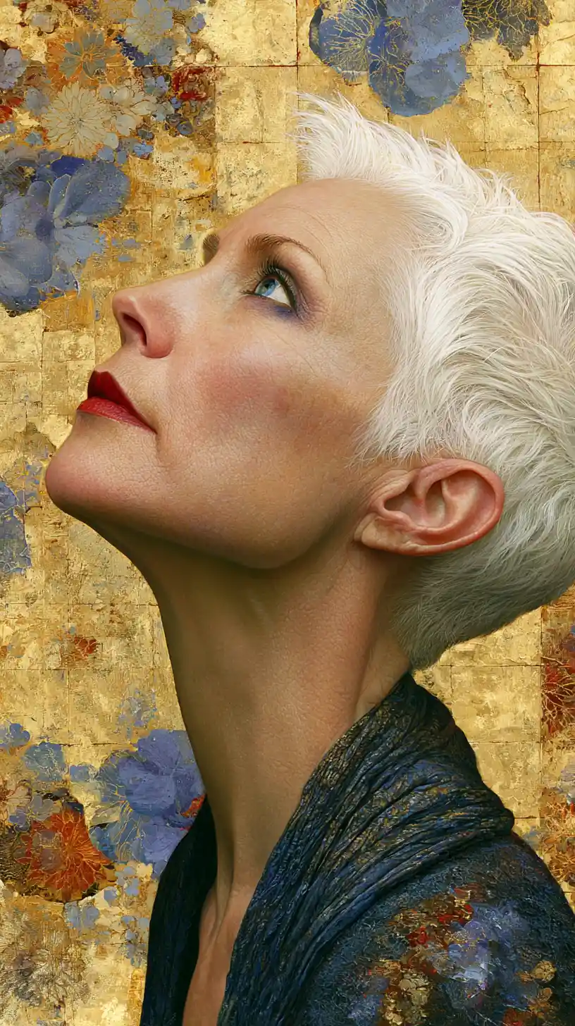 Close up woman with white hair on oriental gold background