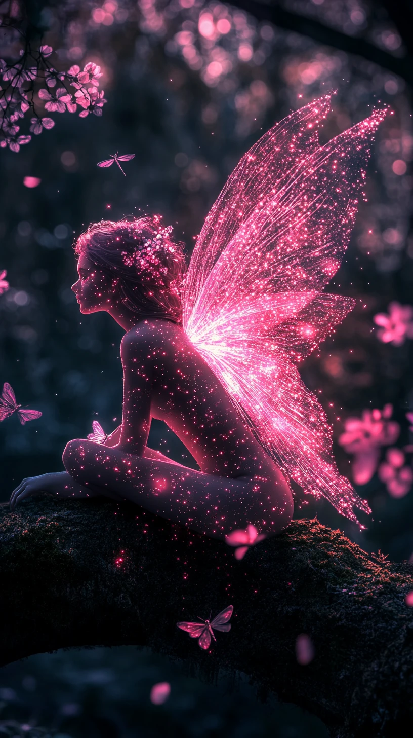 Pink Stardust Fairy Glowing On A Dark Forest Branch