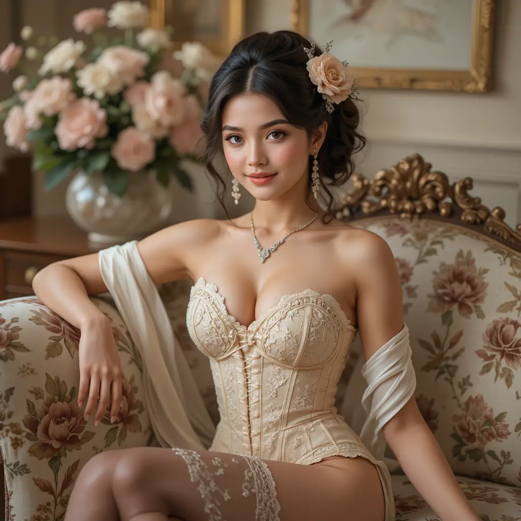 Elegant woman in lace lingerie on vintage floral sofa