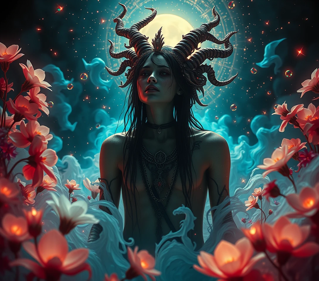 Surreal woman in celestial light amid blooming darkness