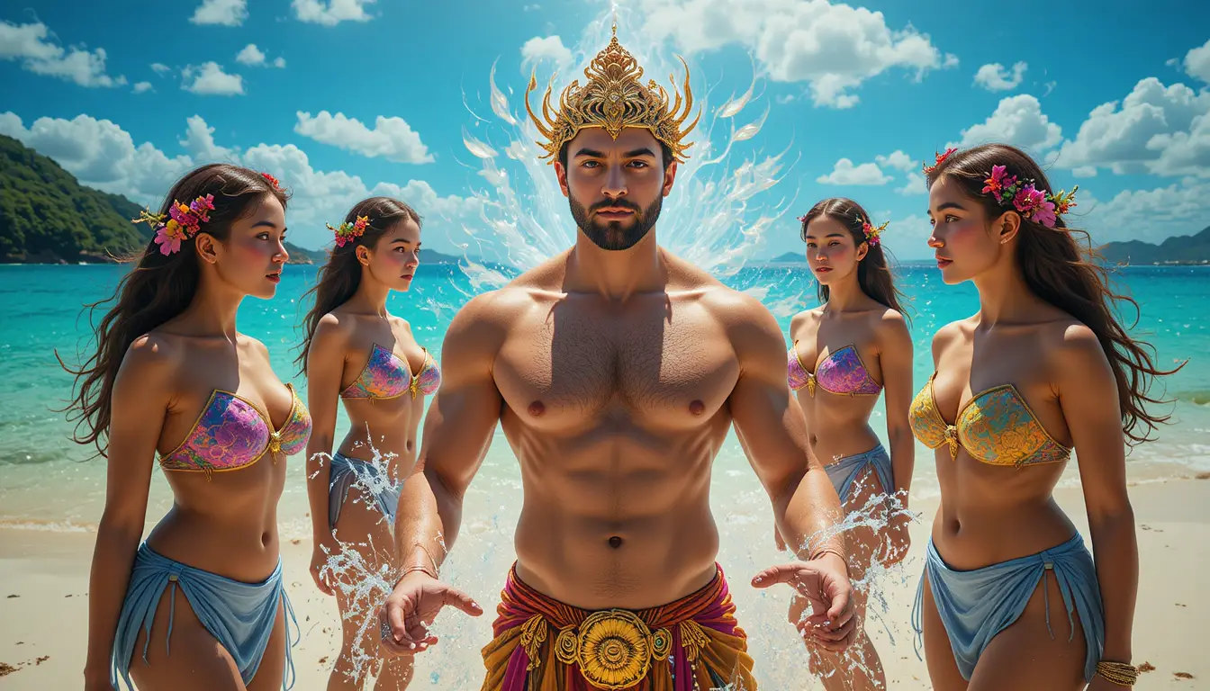 Muscular man transformed by glowing genie on tropical shore