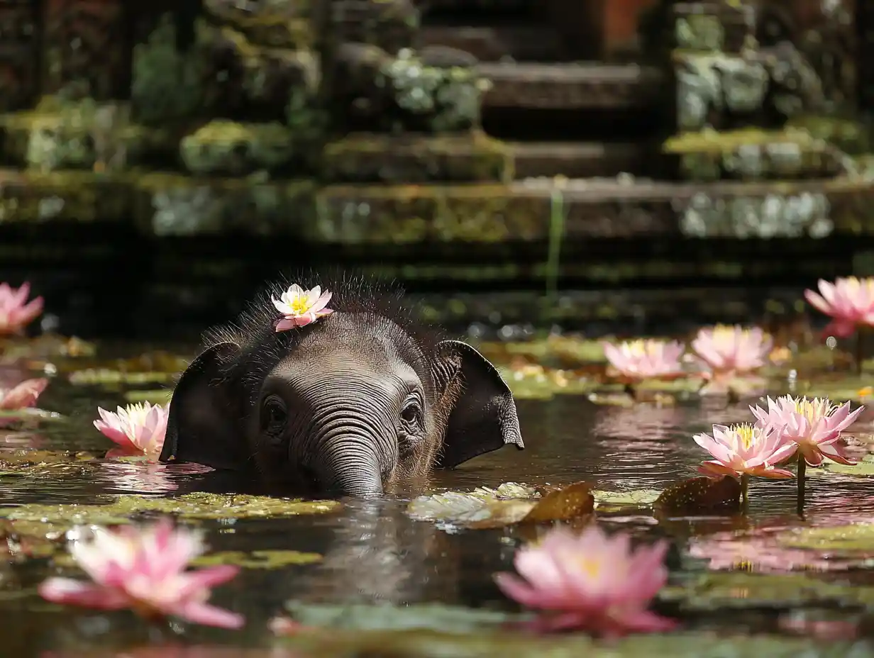 Baby elephants bathing by ancient jungle temple ruins