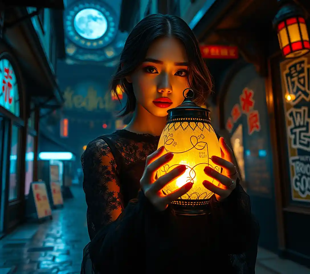 Gothic woman holding a glowing lantern in a surreal market