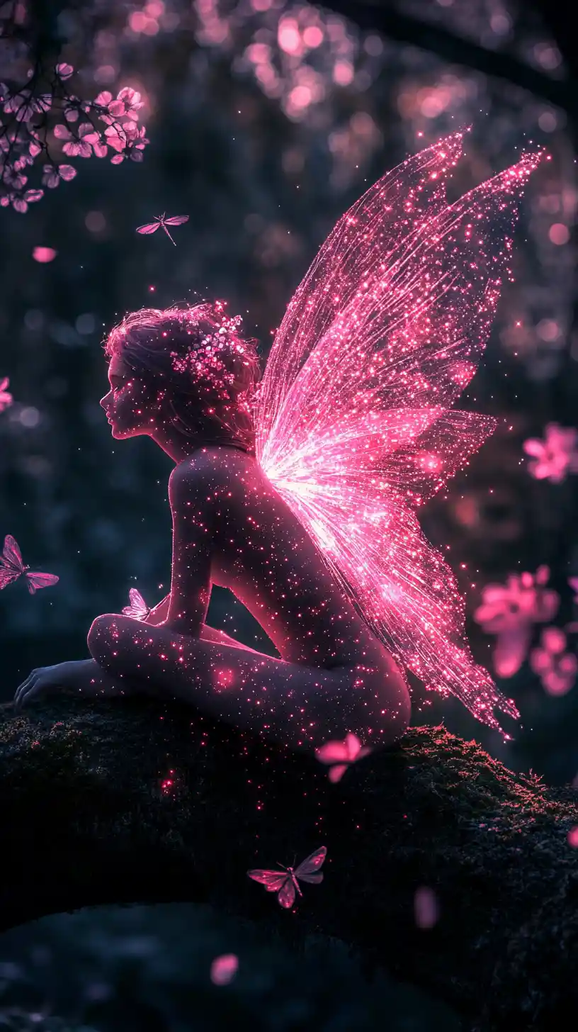 Pink Stardust Fairy Glowing On A Dark Forest Branch