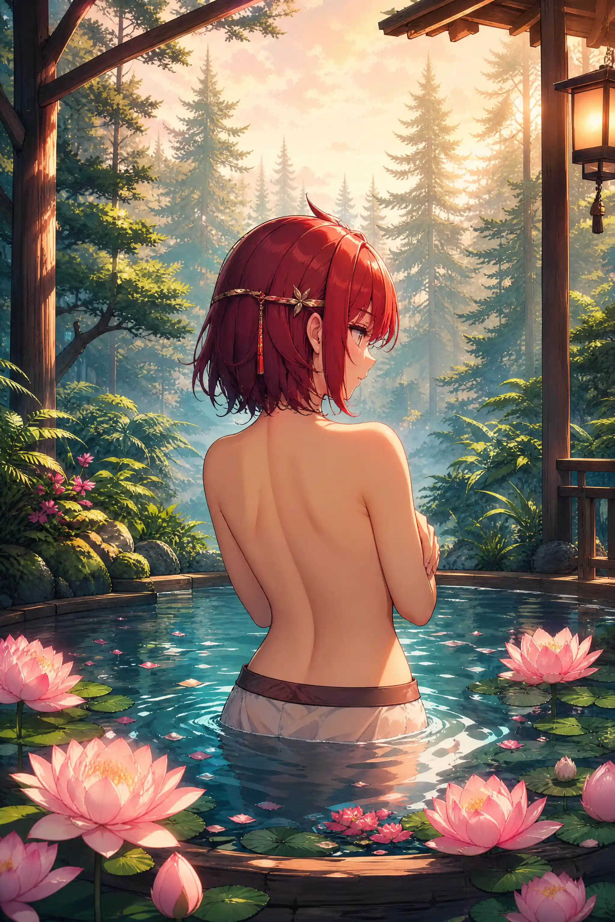 Anime woman in forest hot spring with morning sunlight