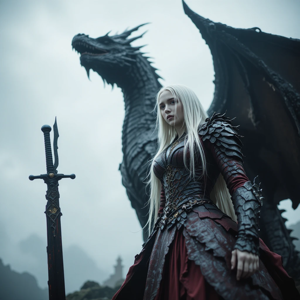 Pale armored woman and dragon in somber low angle fantasy