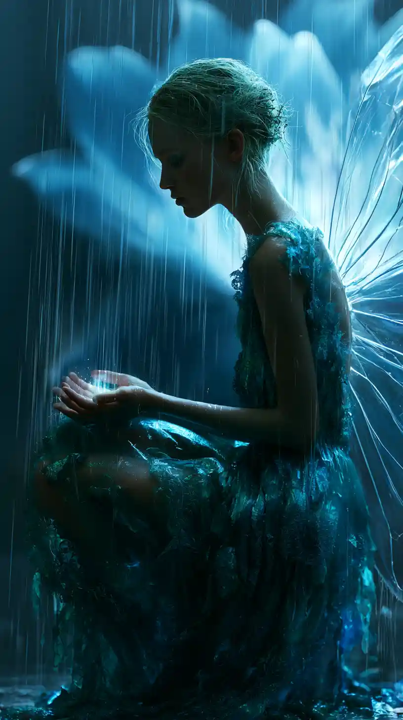 Mystical garden spirit woman with glasslike wings in rain