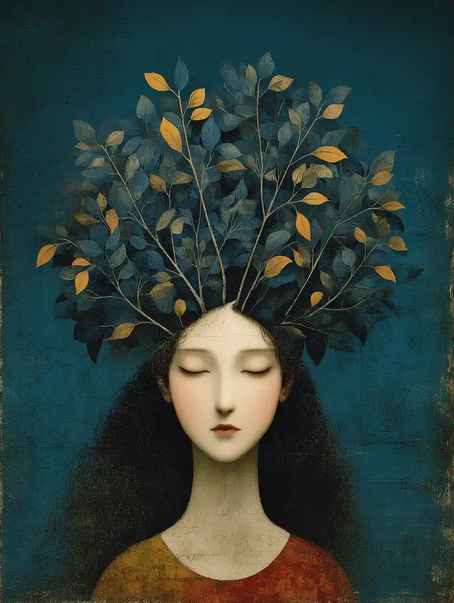 Melancholic surreal woman in a dreamless fantasy landscape