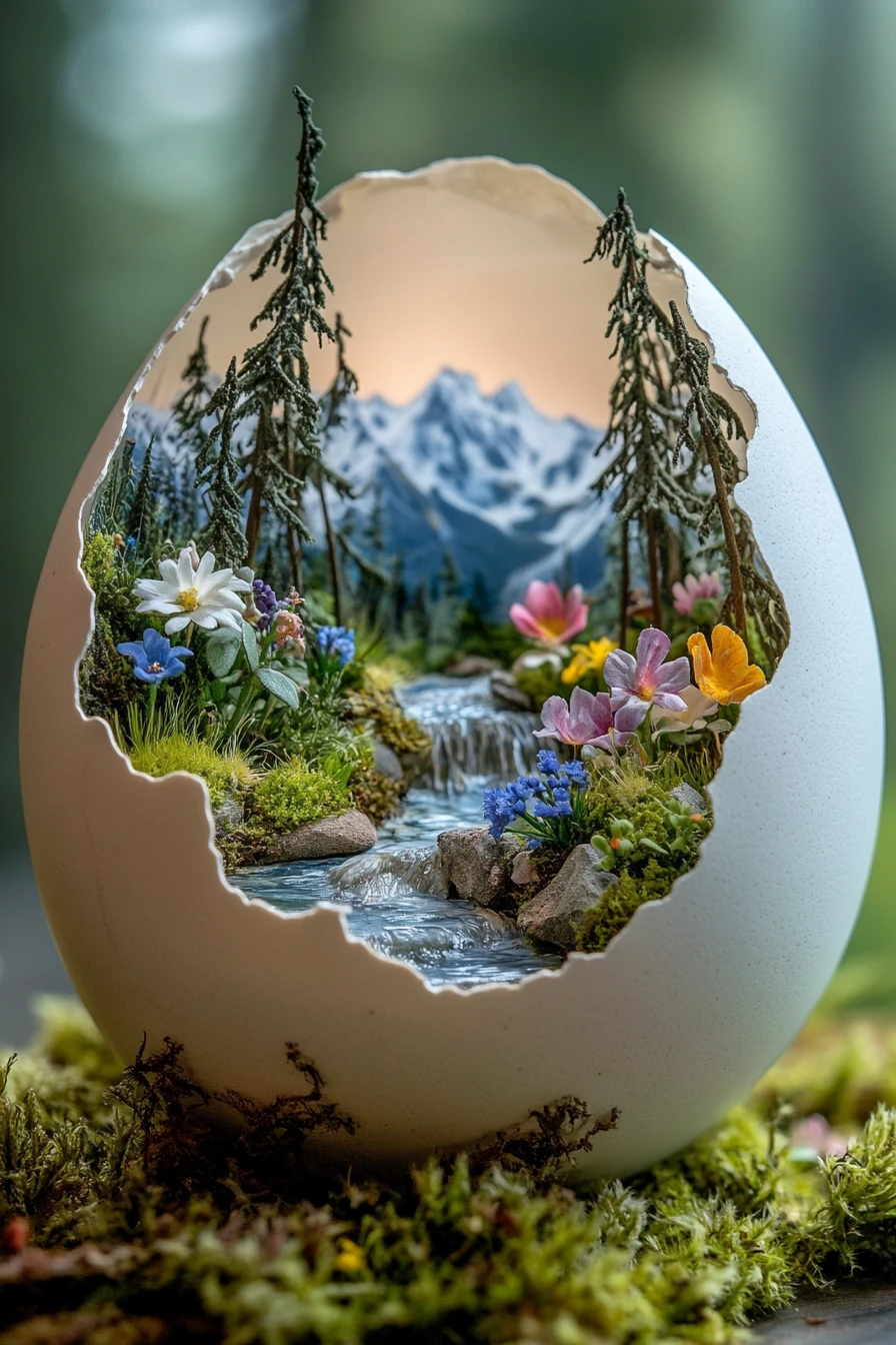 Miniature Fantasy Landscape Hidden Inside A Broken Eggshell