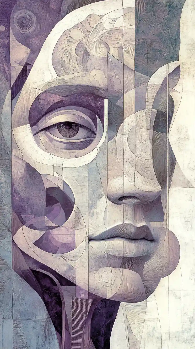Surreal Biomechanical Face With Fragmented Ornamental Forms