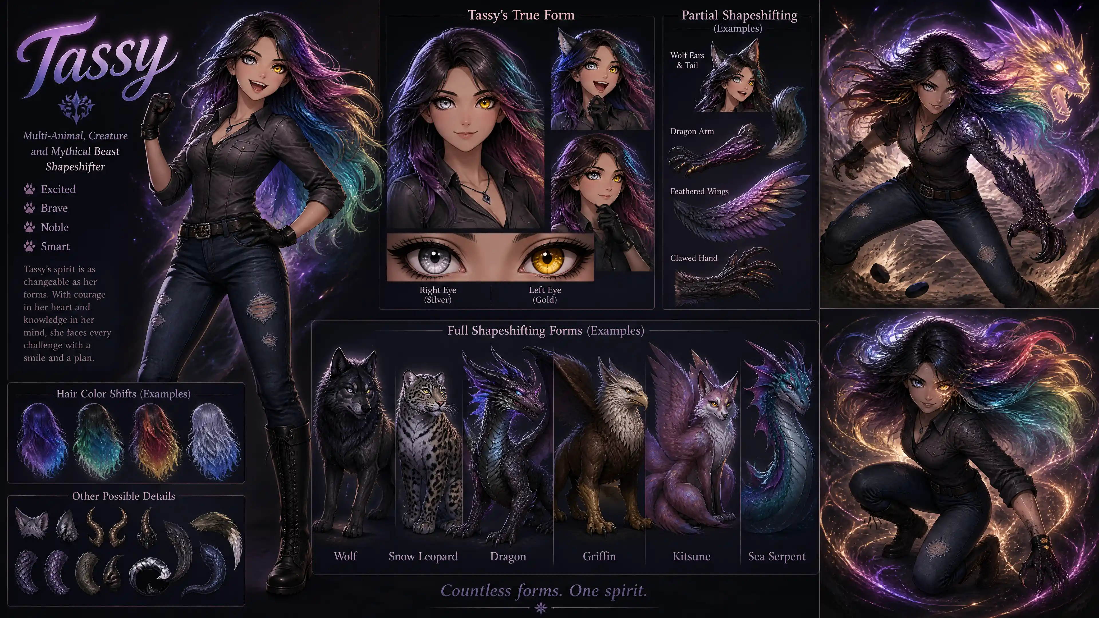 Brave shapeshifting woman with silver and gold eyes