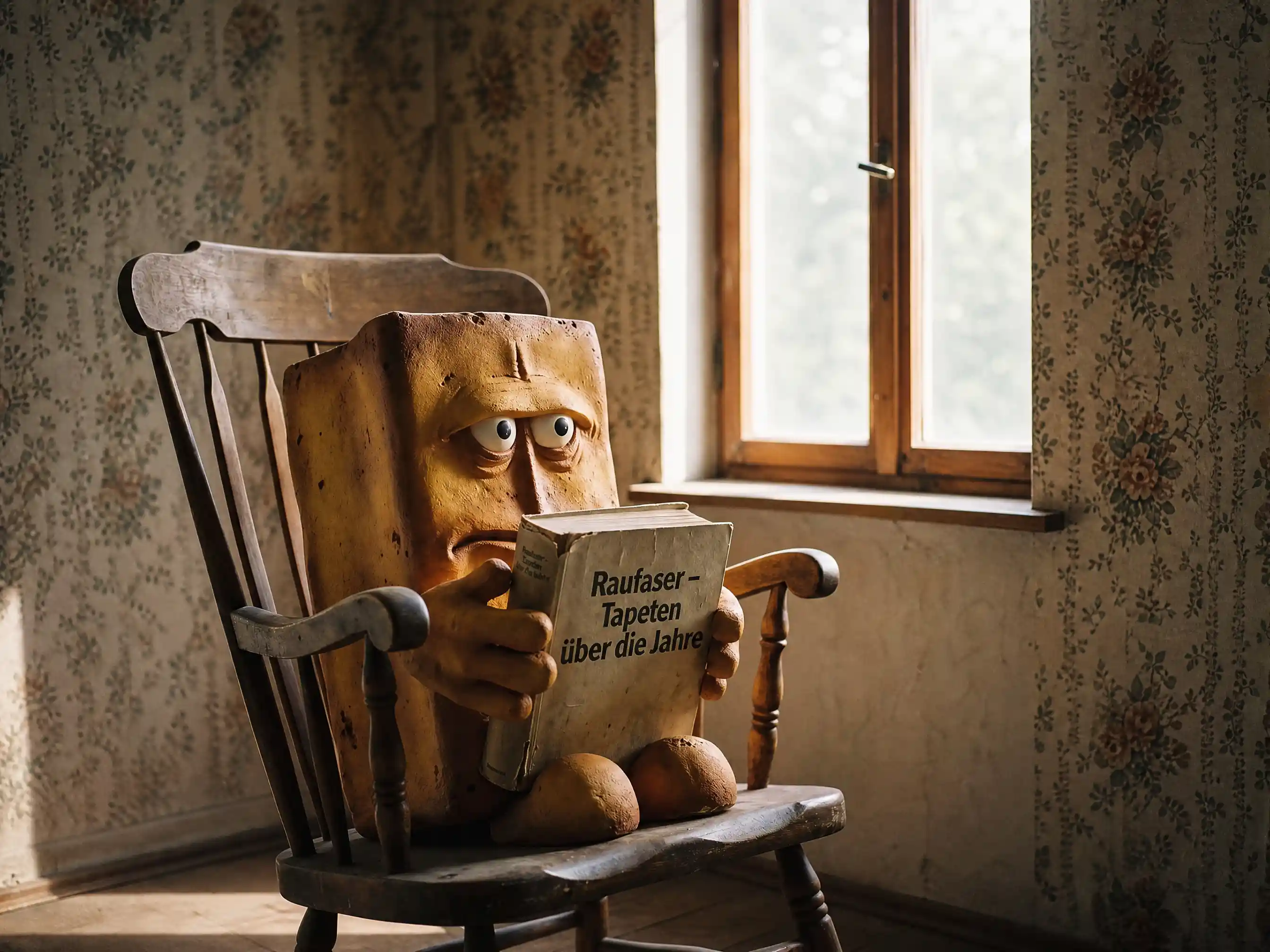 Melancholic figure reading in an old rocking chair by window