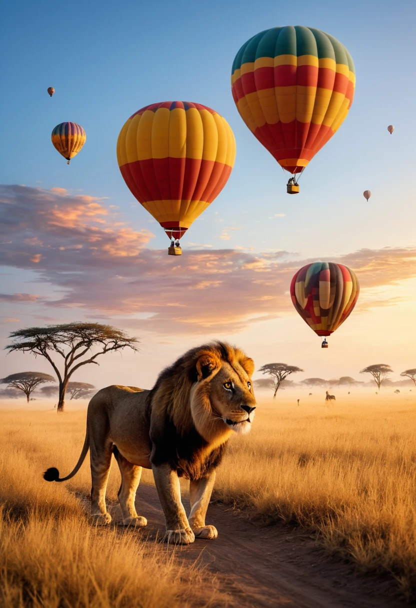 Lion watching hot air balloons over the savanna at sunrise