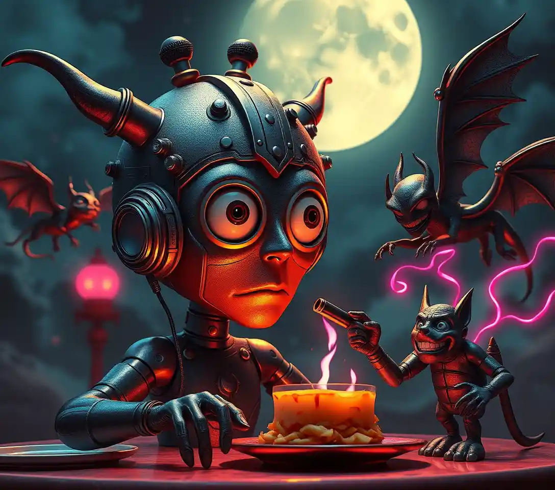 Blindfolded cyborg headed woman under eerie lunar night