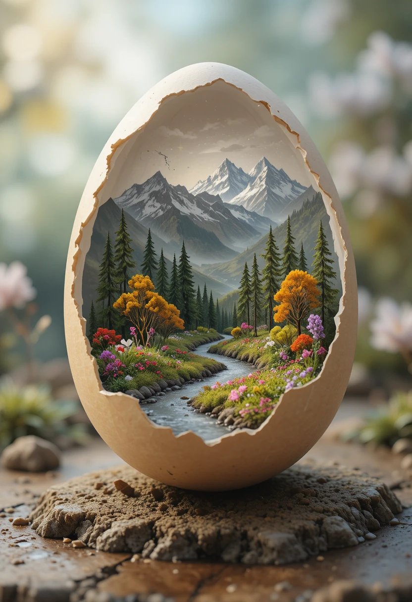 Cracked Eggshell Holding A Serene Miniature Fantasy Landscape