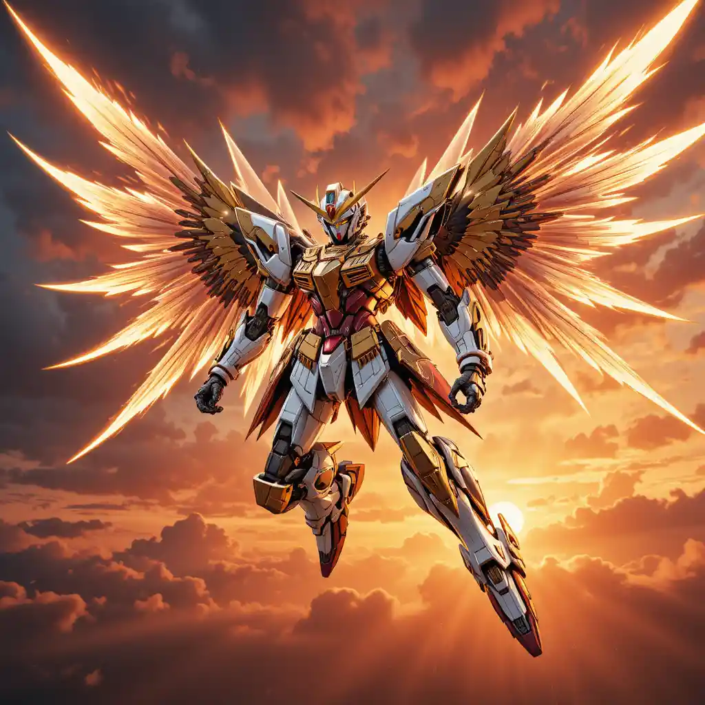 Winged mecha soaring through a burning sunset sky