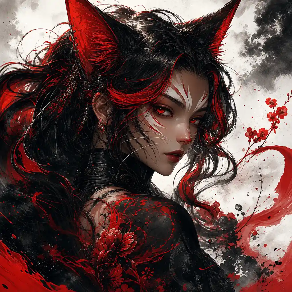 Feline woman portrait with flowing black and red hair