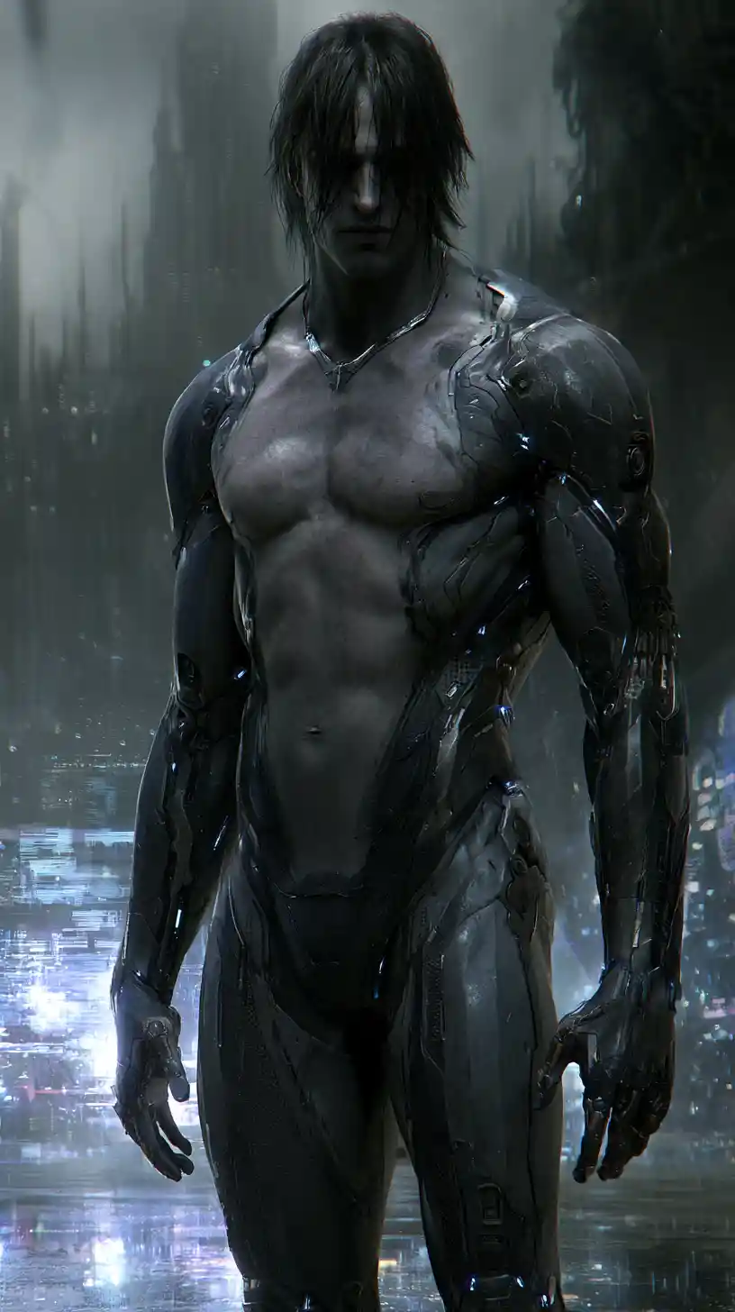 Full body portrait of a young sci fi city warrior