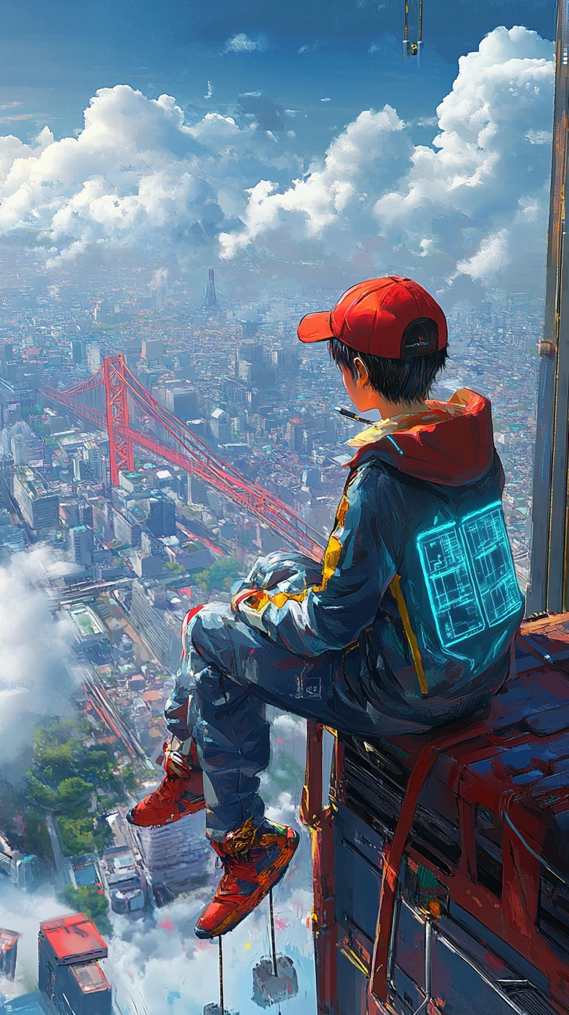 Anime boy on skyscraper edge in neon cyberpunk city