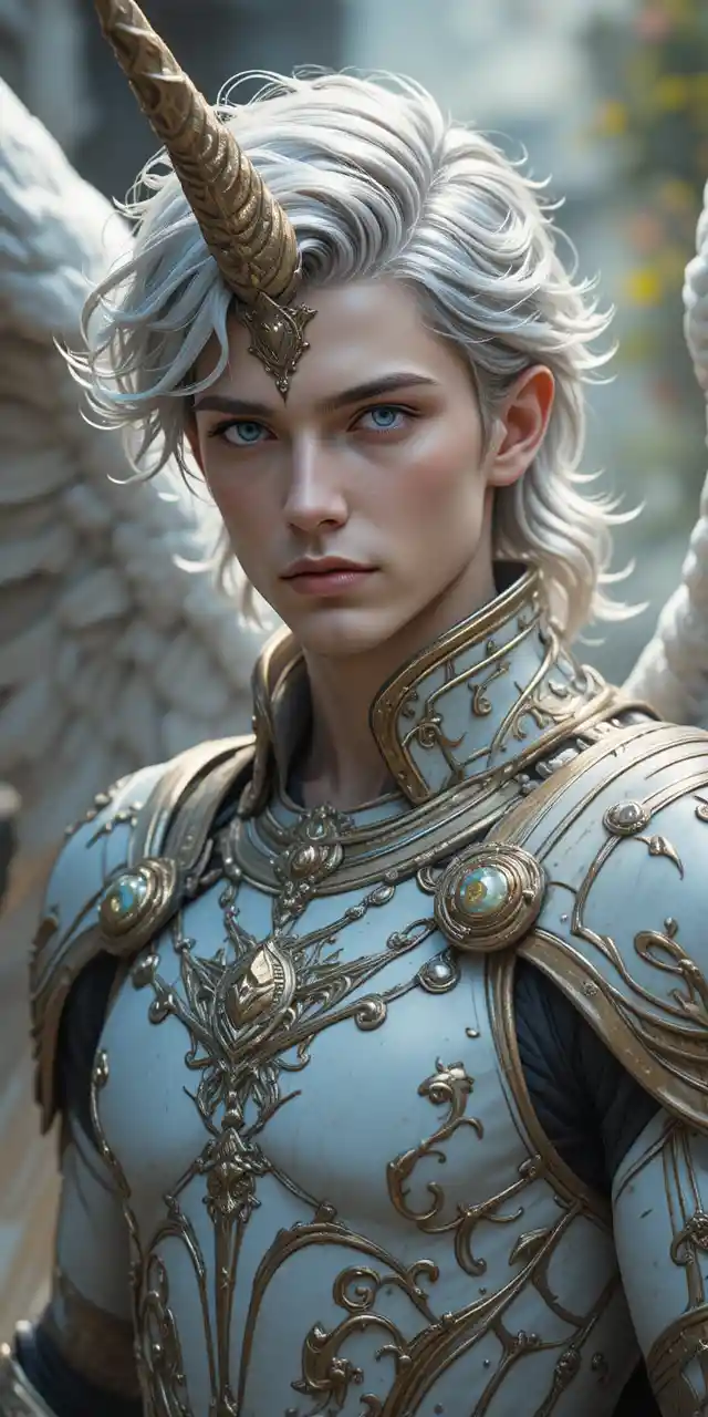 Fallen angel unicorn hybrid man in worn angelic armor