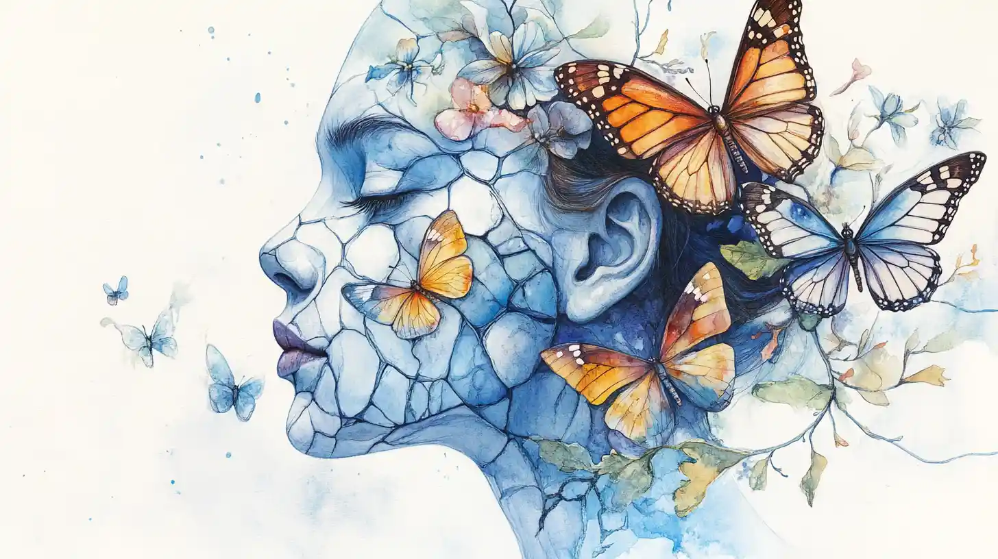 Dreamlike woman profile with butterflies of changing seasons