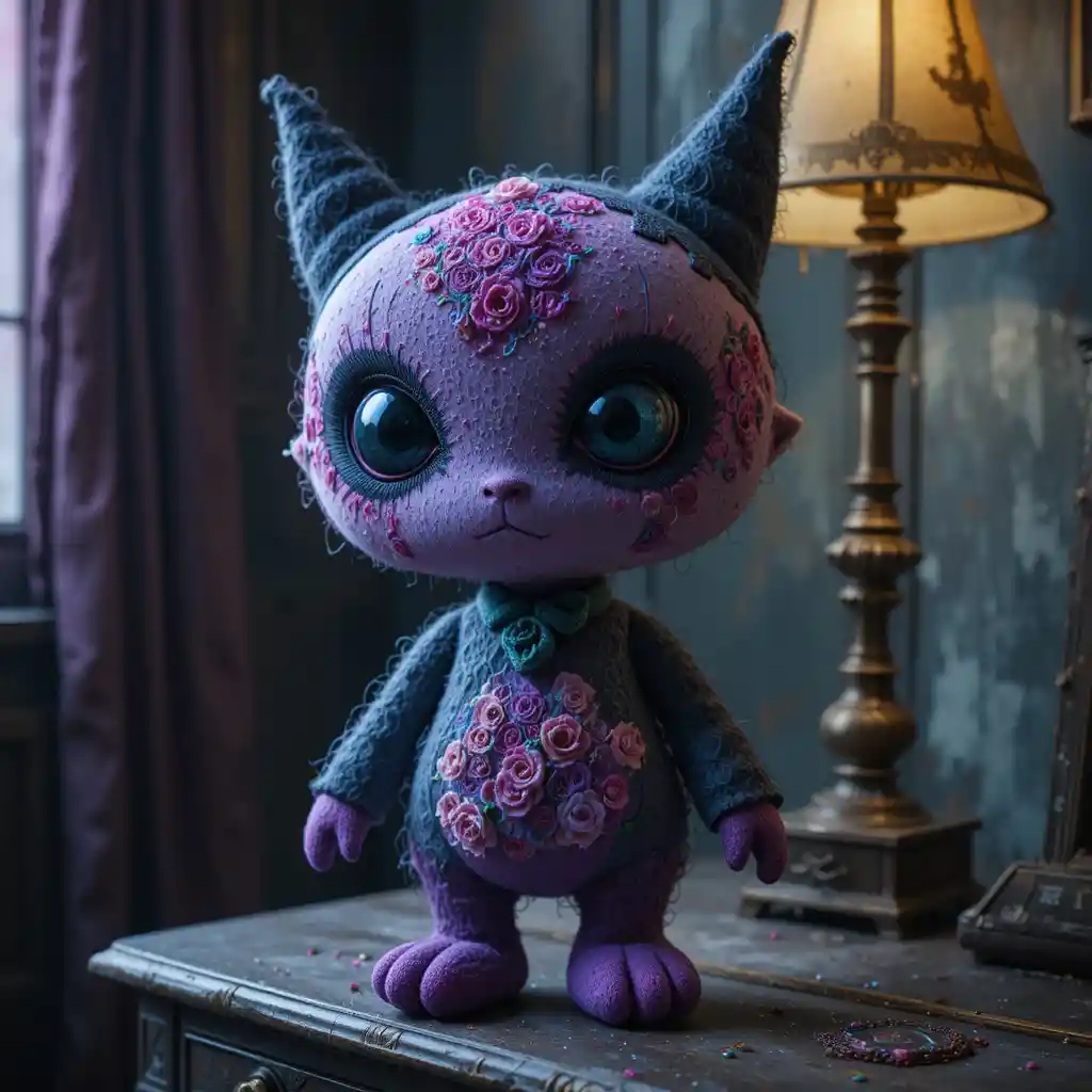 Creepy plush toy on dusty nightstand in haunted bedroom