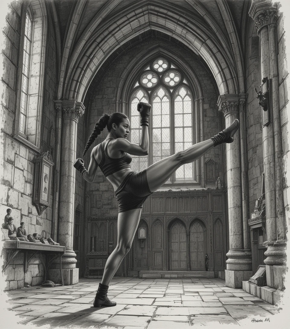Kickboxer nera che si allena in un'antica cattedrale di pietra