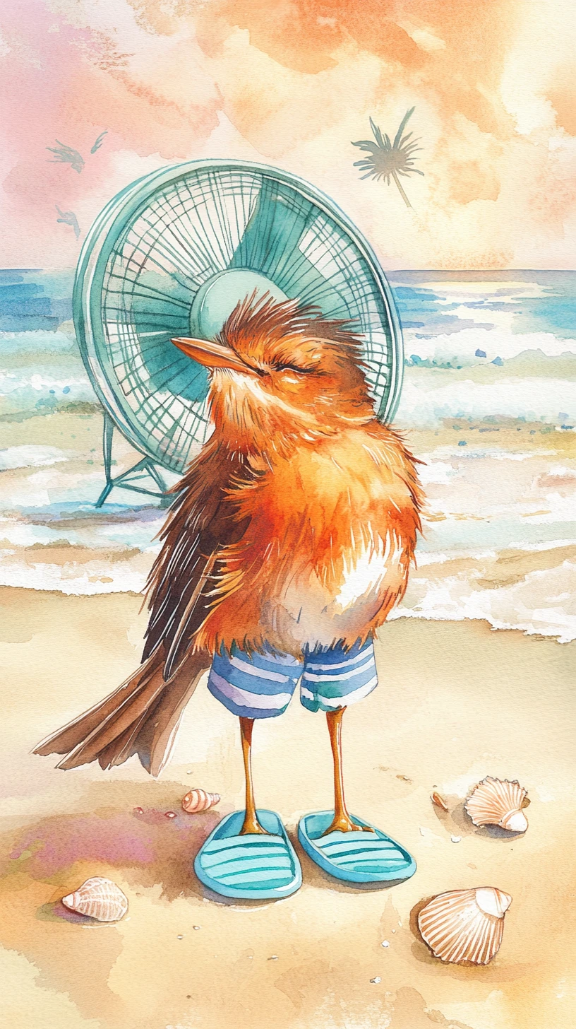 Watercolor robin enjoying ocean breeze at sunset beach