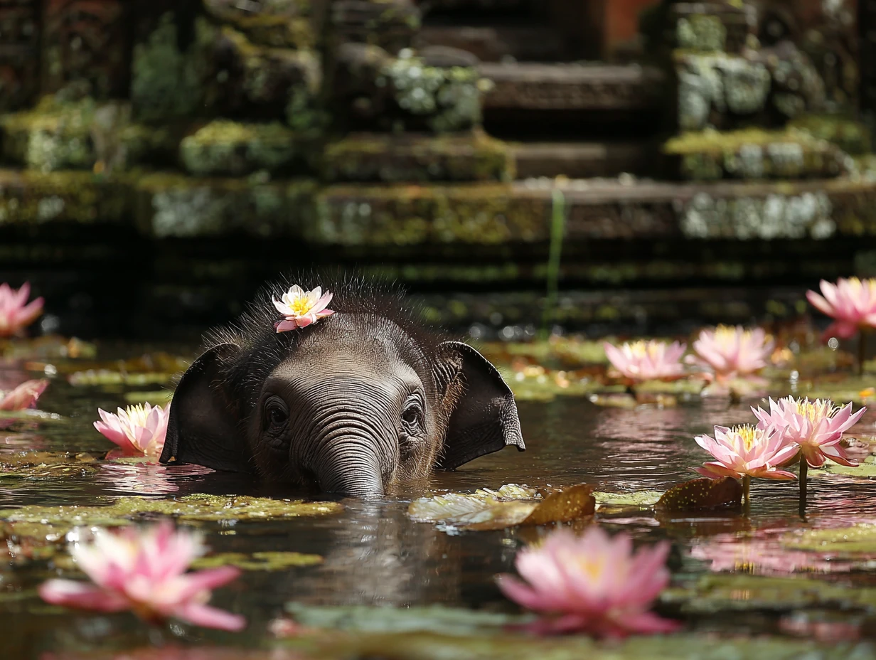 Baby elephants bathing by ancient jungle temple ruins