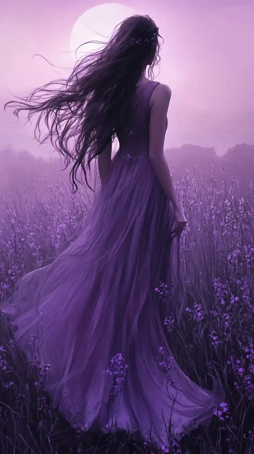 Young woman in purple gown in mystical flower field