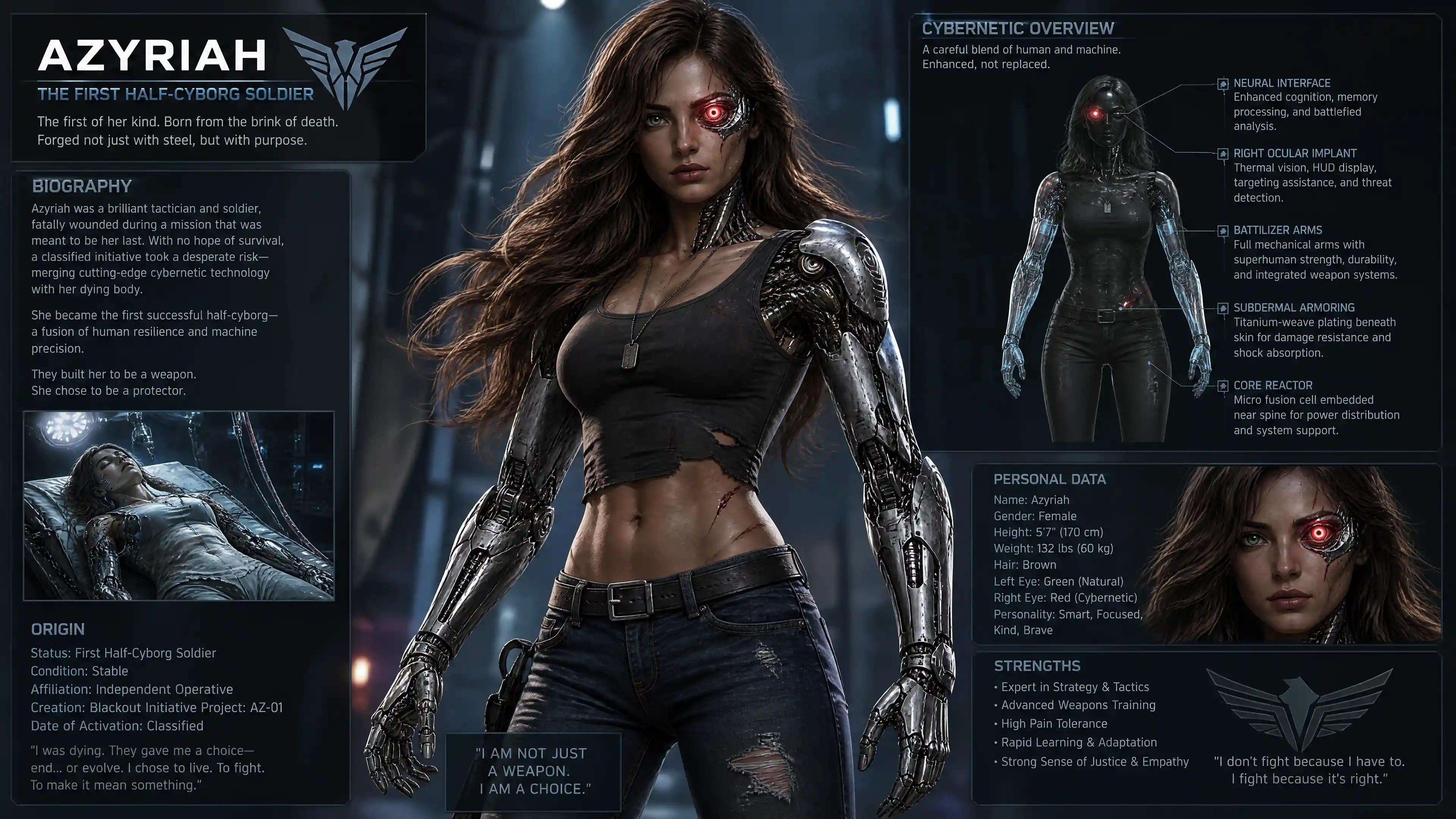 Brave half cyborg woman with mechanical arms and heterochromia