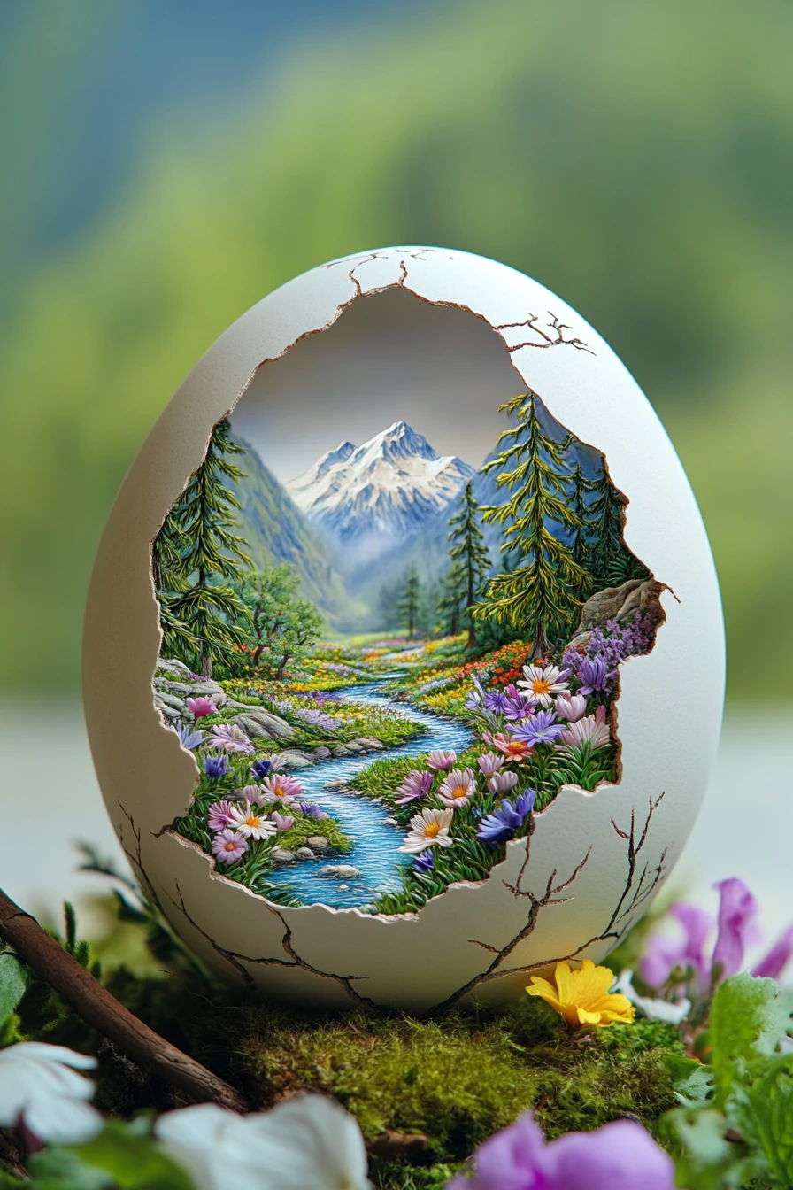 Broken eggshell revealing a tiny peaceful mountain world
