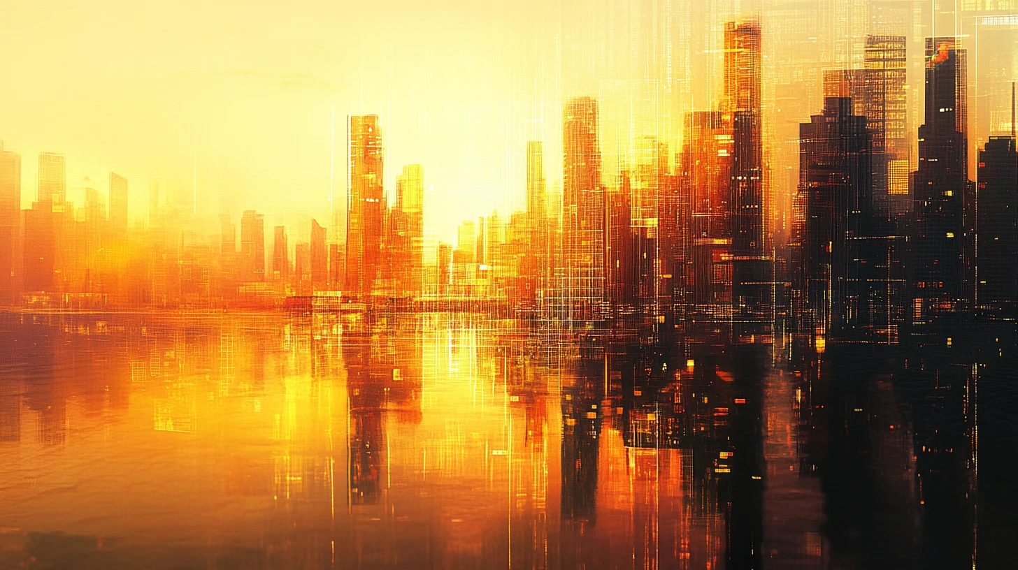 Surreal golden hour city dissolving into abstract liquid light
