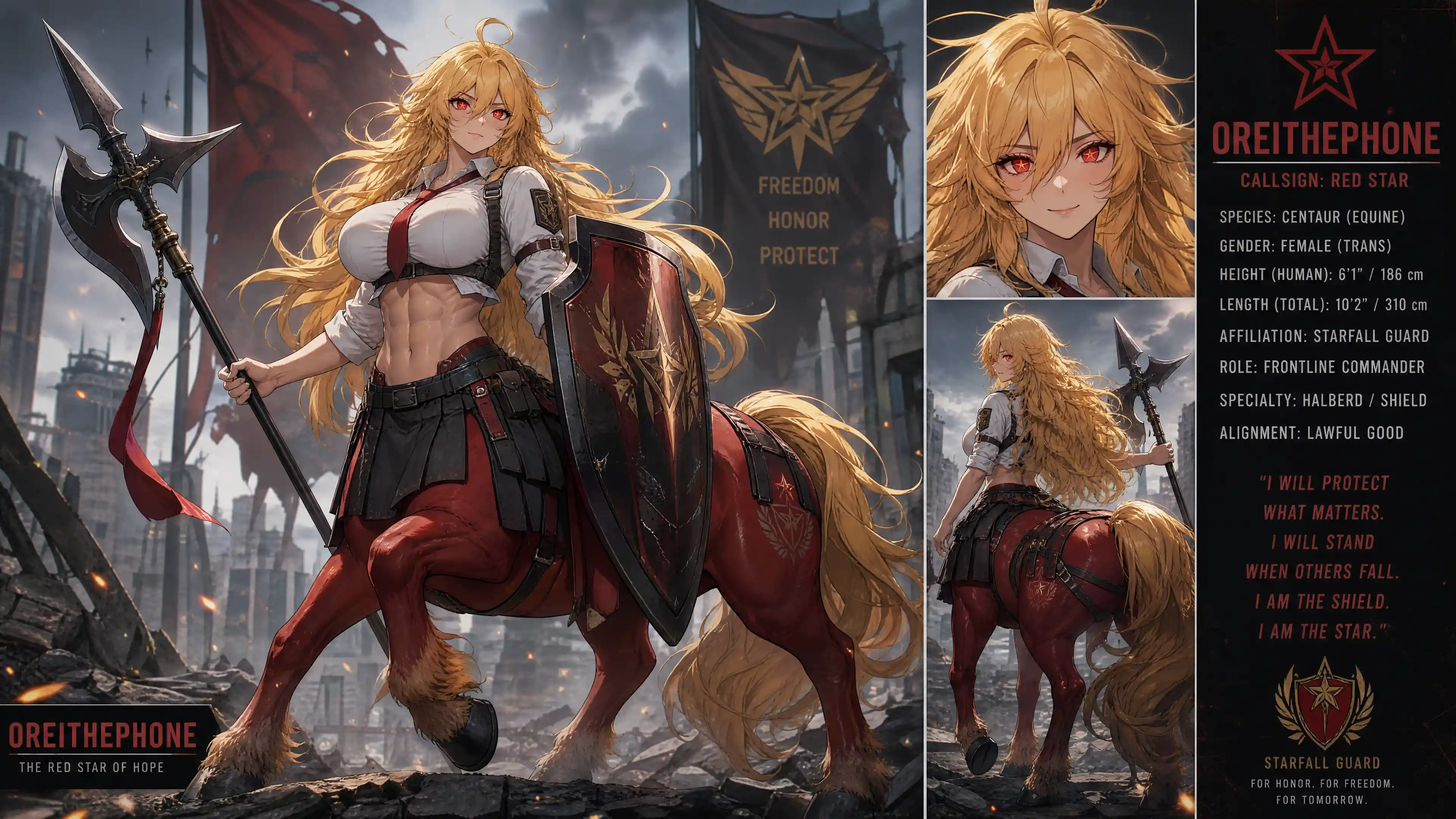 Brave fantasy warrior woman with halberd and shield