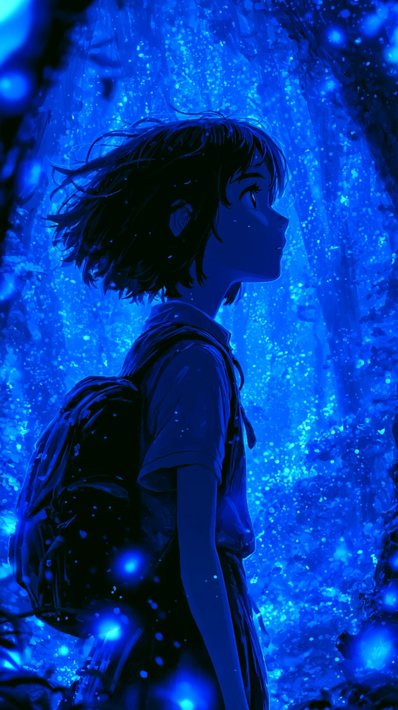 Chica de anime en bosque azul místico y brillante