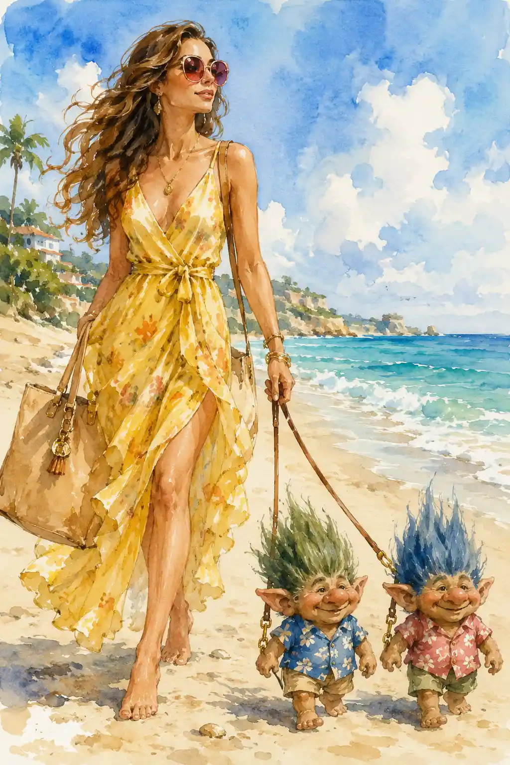 Chic woman in yellow dress walking trolls on the beach