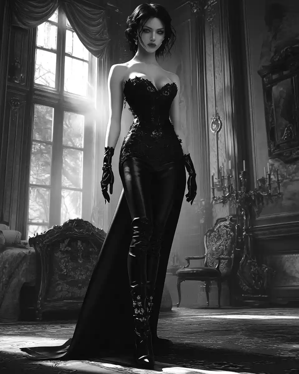 Goth woman in a dark castle bedroom full body view