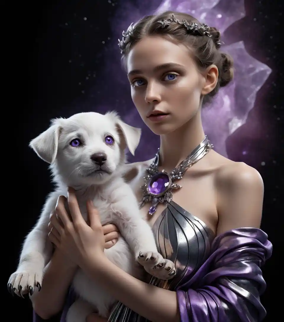 Celestial woman in silver gown with amethyst crystal accents