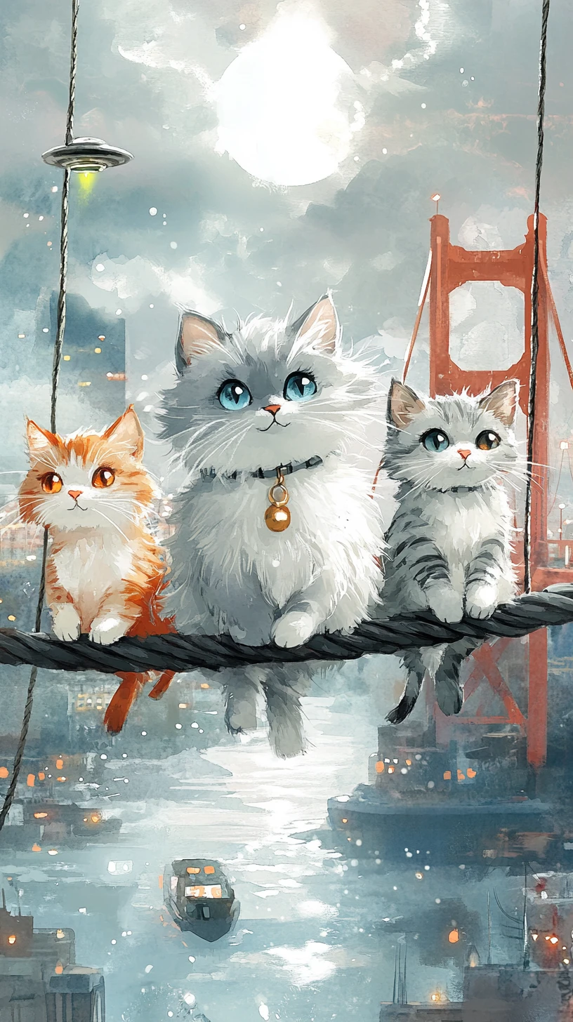 Adventurous cats walking a high cable above a foggy bay