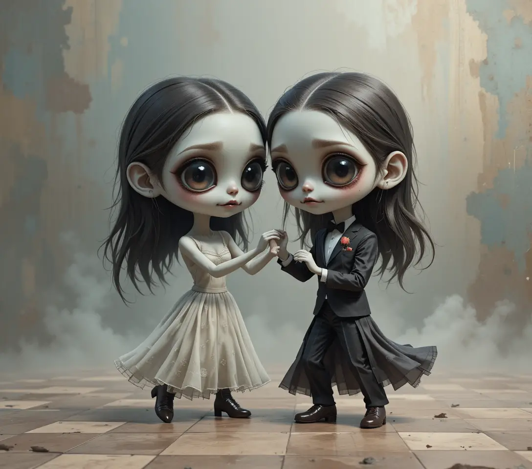 Whimsical chibi zombie couple dancing on prom night floor