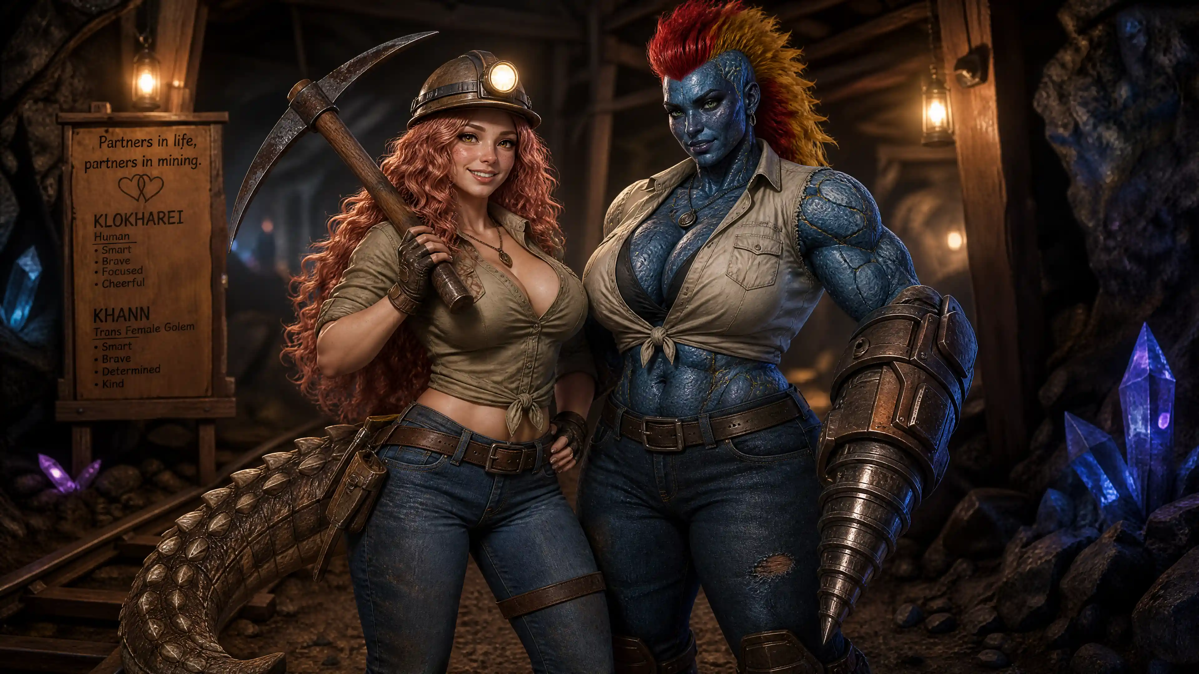 Cheerful female miner with ankylosaurus tail in a fantasy mine