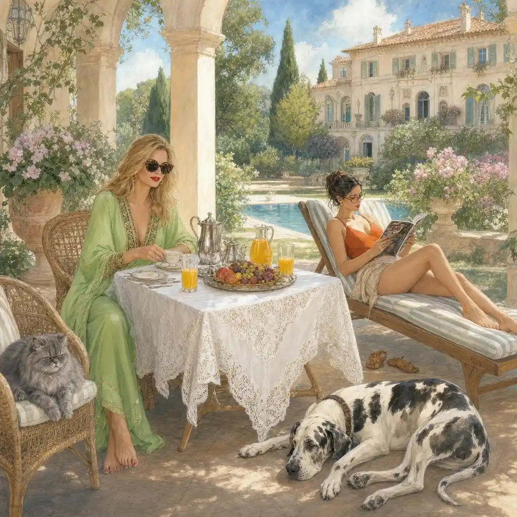 Elegant woman at a garden patio breakfast table in summer