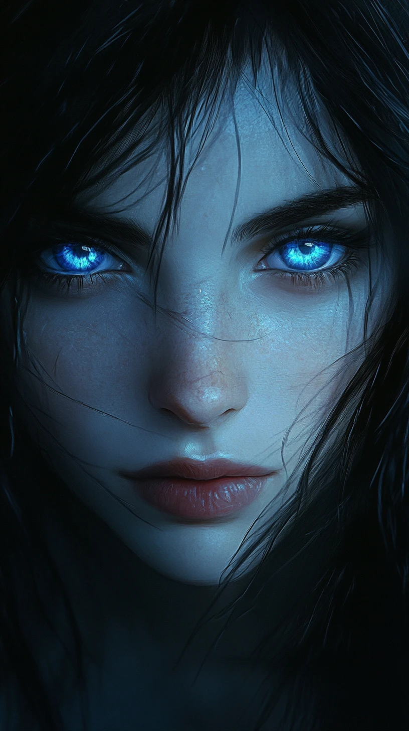 Extreme close up of blue eyed anime girl in shadows