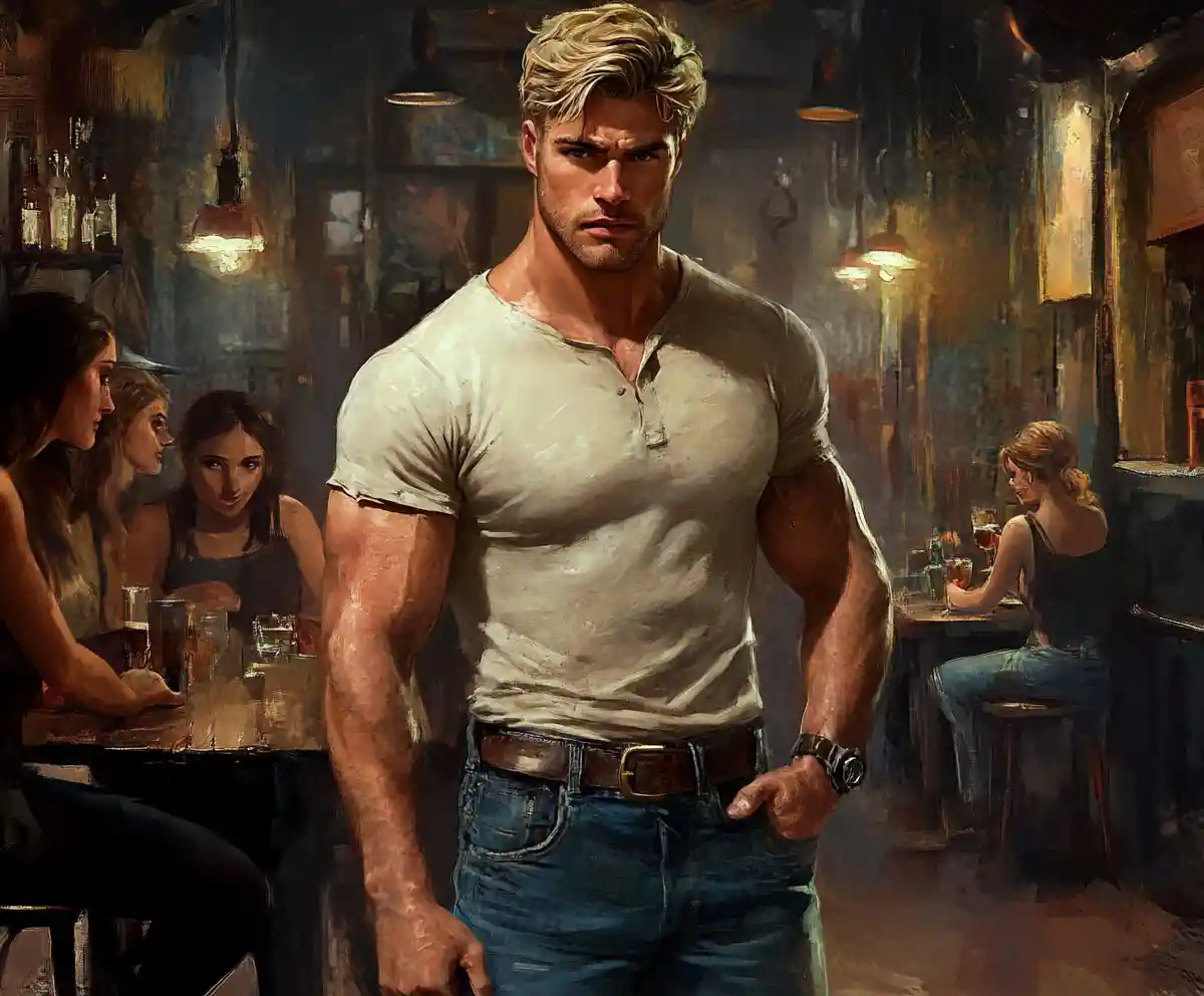 Muscular blonde man standing in a cozy pub interior