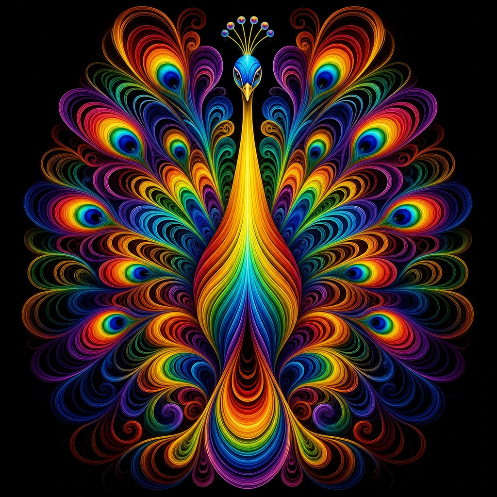 Symmetrical Abstract Peacock Of Glowing Rainbow Ribbons