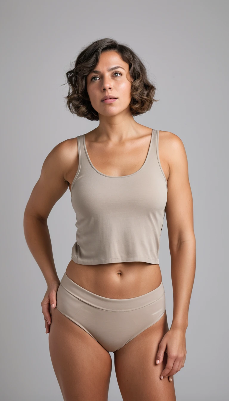 Woman in tank top and high cut underwear from low angle